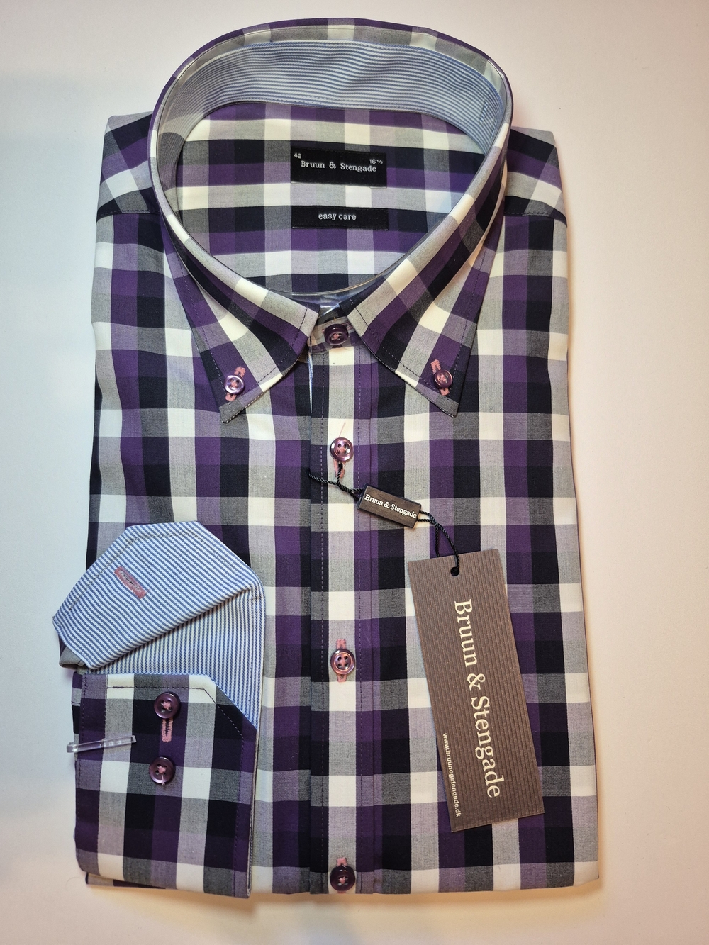 Vintage NWT New Bruun And Stengade Men's Purple Check Button-Down Shirt 42 16.5